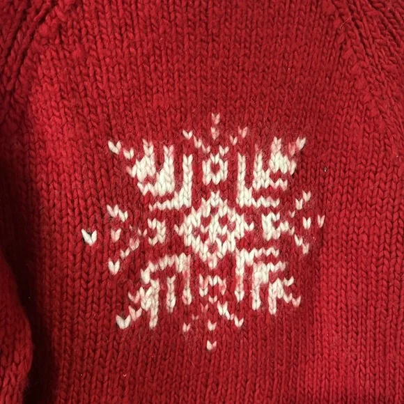 American Eagle Chunky Hand Knit Wool Snowflake Ski Winter Red Hooded Sweater - L - Picture 7 of 8